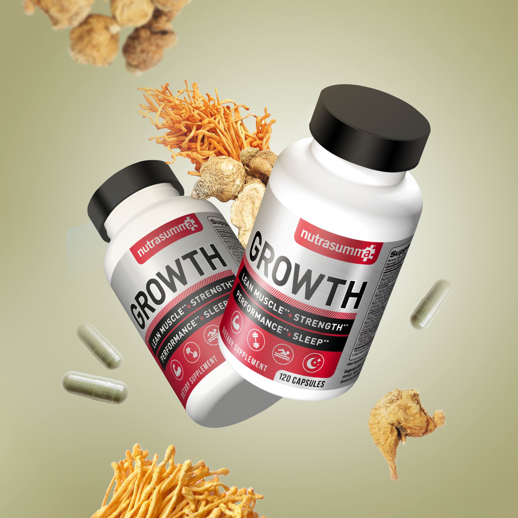 Growth Supplement - Natural Herbs & Mushrooms, Vitamins & Minerals, Lean Muscle Growth, Strength, Energy, Endurance & Recovery, 120 Capsules
