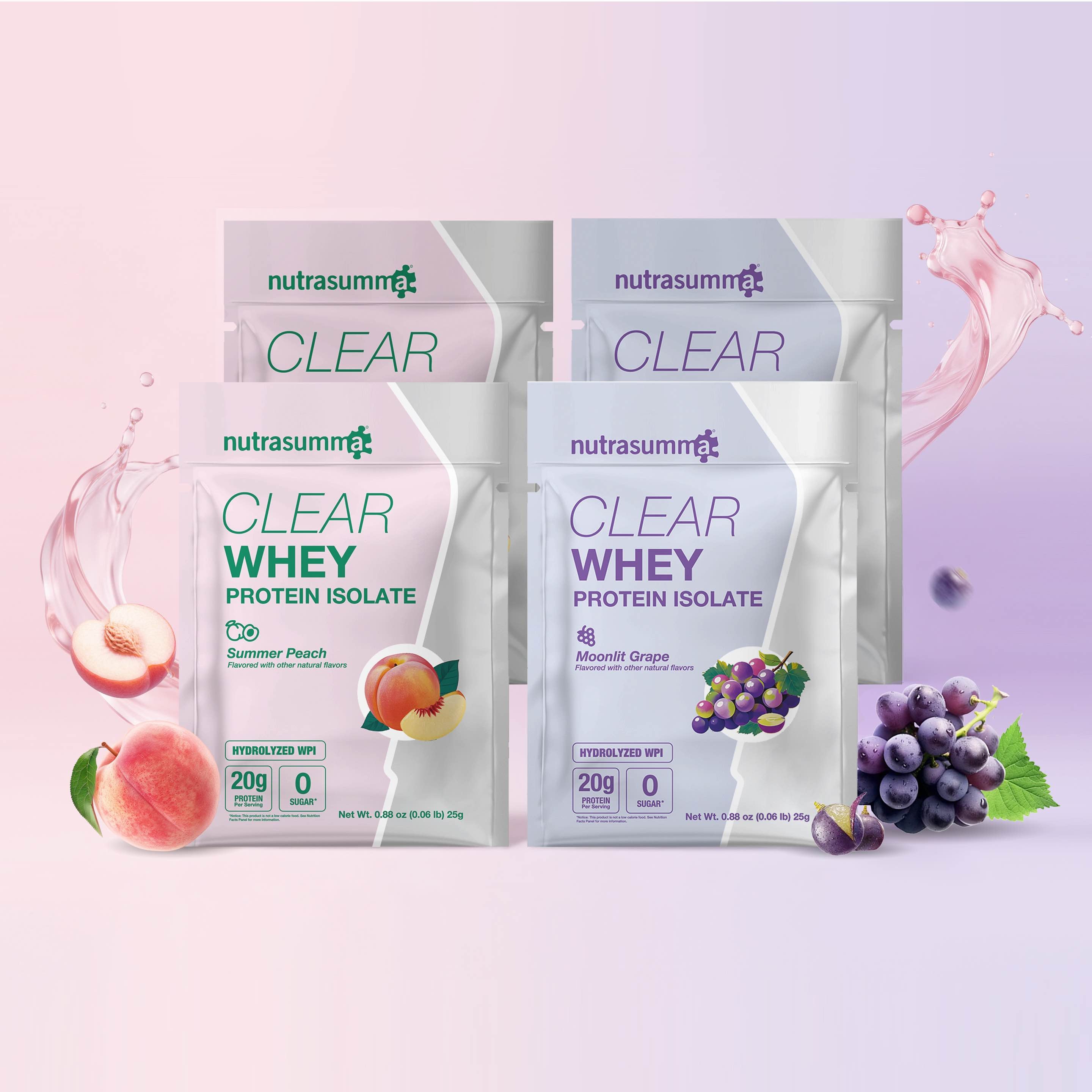 Clear Whey Protein Variety Pack – 4 Single-Serve Packets (2 Peach, 2 Grape)