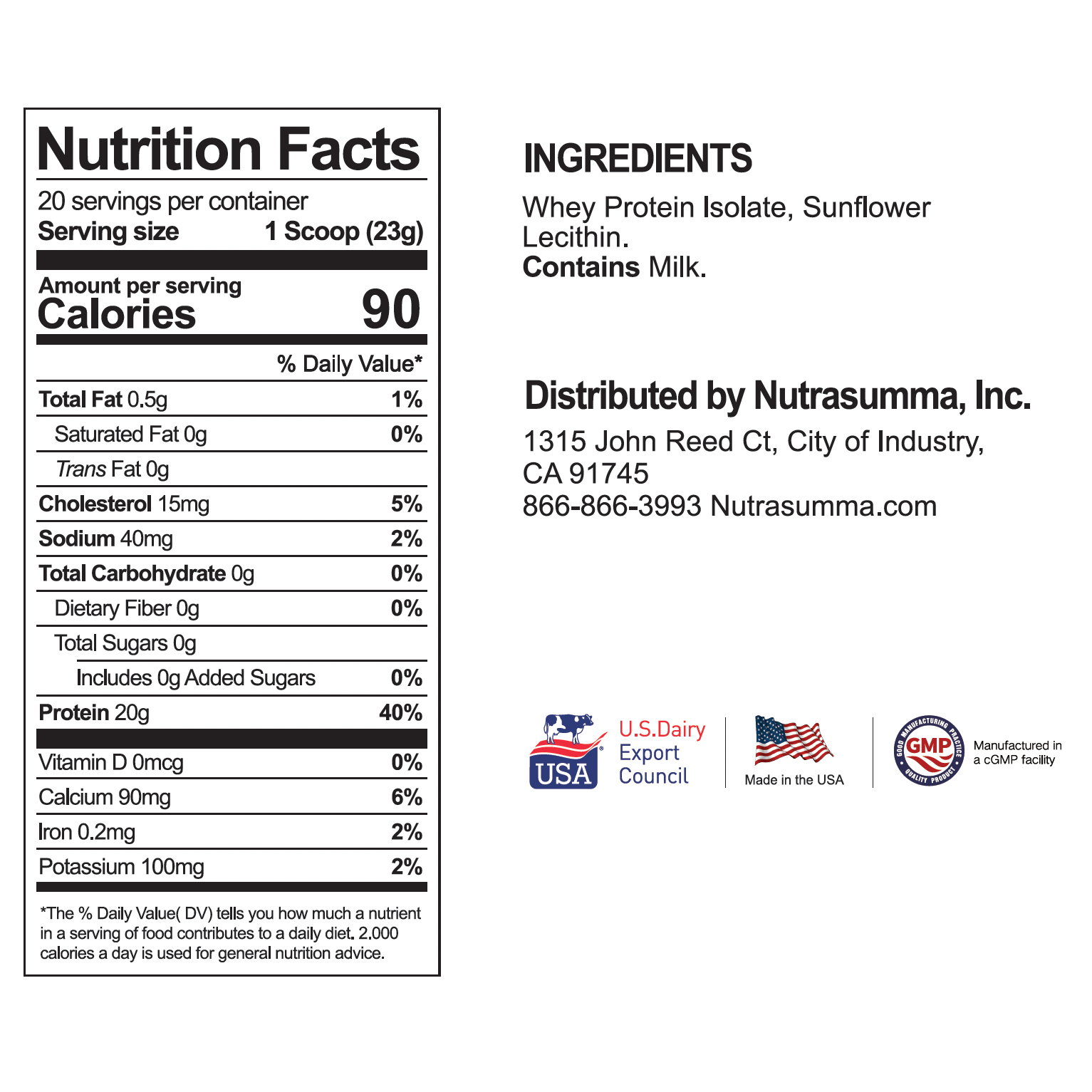 Nutrasumma Whey Protein Isolate 1.02lb (464g) Unflavored